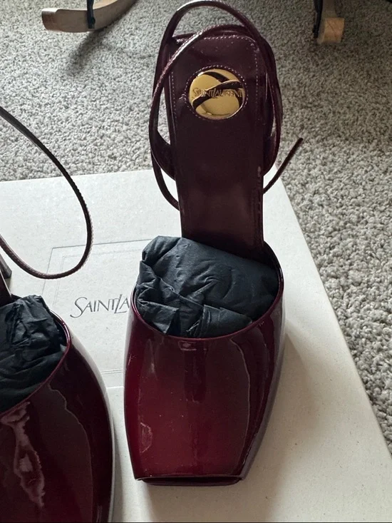 Saint Laurent La Scandale Grenat Patent Leather Slingback Square Peep Toe - Picture 3 of 7